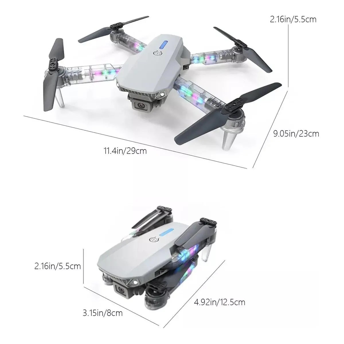 Drone E88D Max con Doble Camara HD luz RGB incluye Estuche y Repuestos