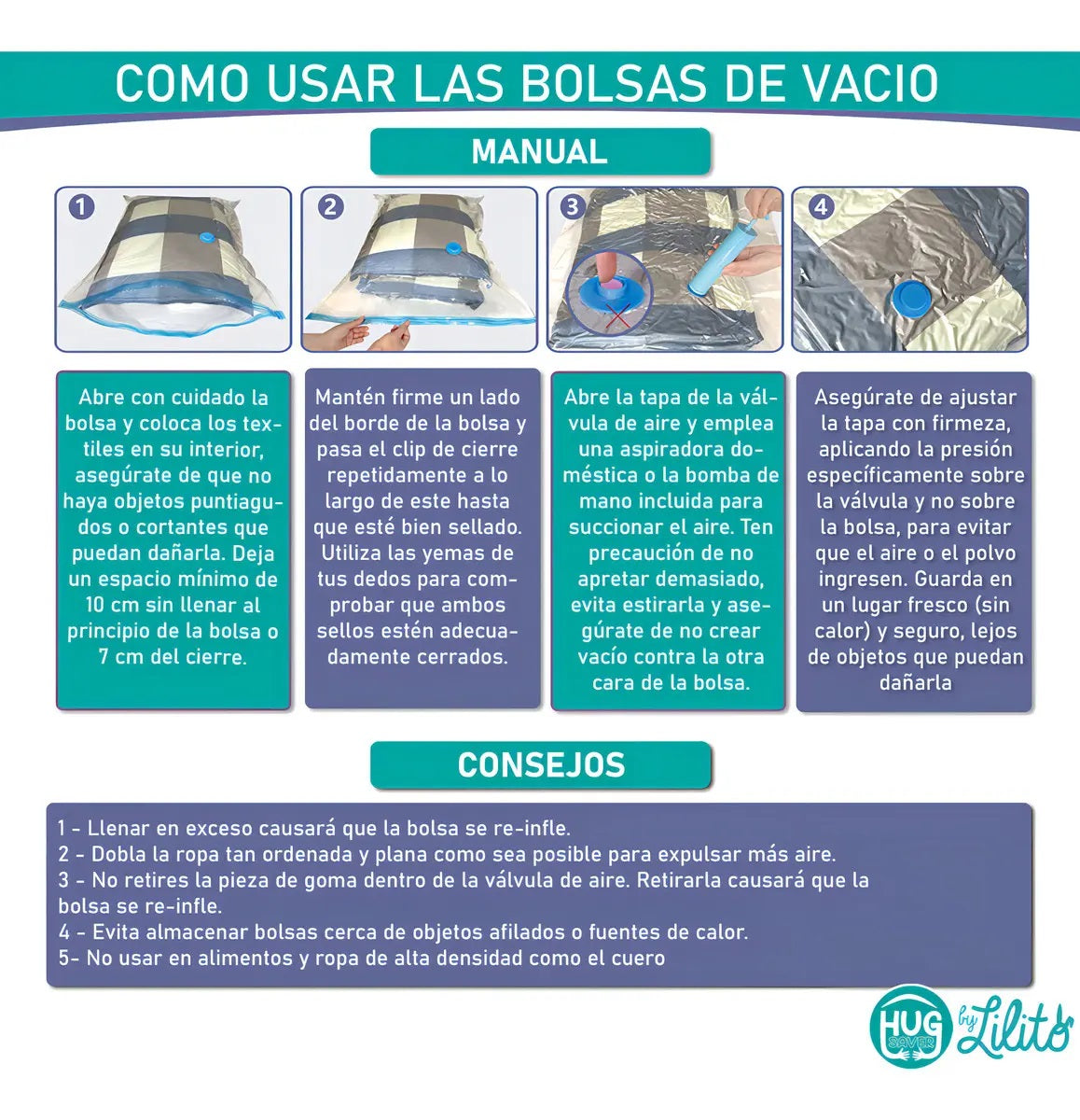 5 Bolsas De Empaque Al Vacío 70x50 + Bomba Ahorrador Espacio Lilito Hug Saver