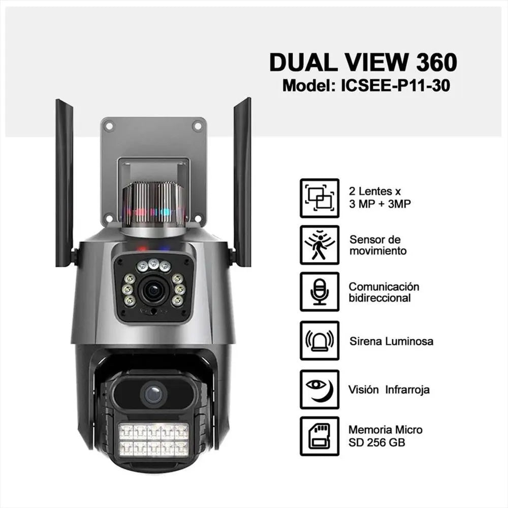 Cámara Seguridad Wifi Doble Lente Vision Nocturna Con Alarma