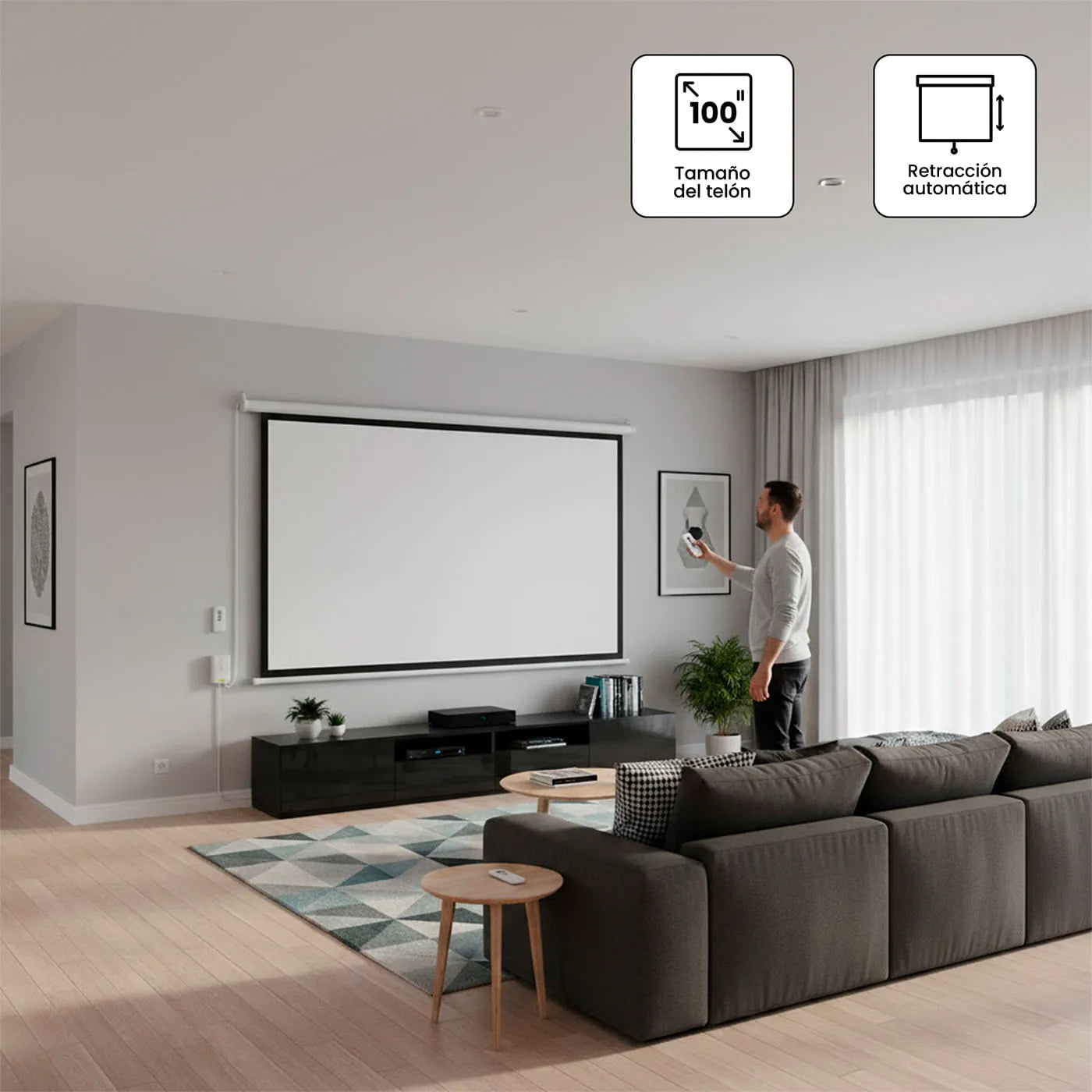 Telón Retráctil Eléctrico VTA 100 Pulgadas Formato 16:9 con Control