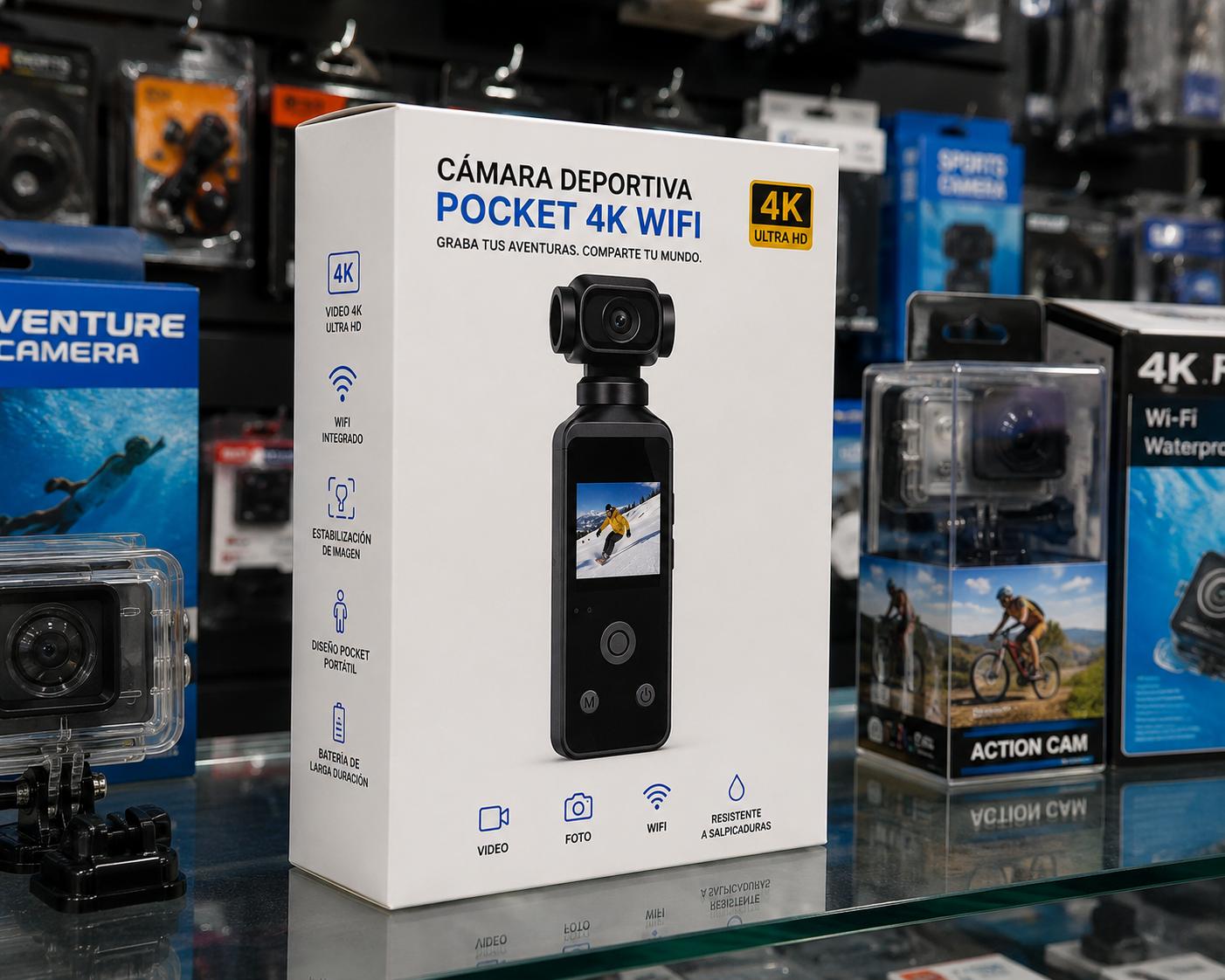Cámara Deportiva Pocket 4K WiFi Recargable con Pantalla HD