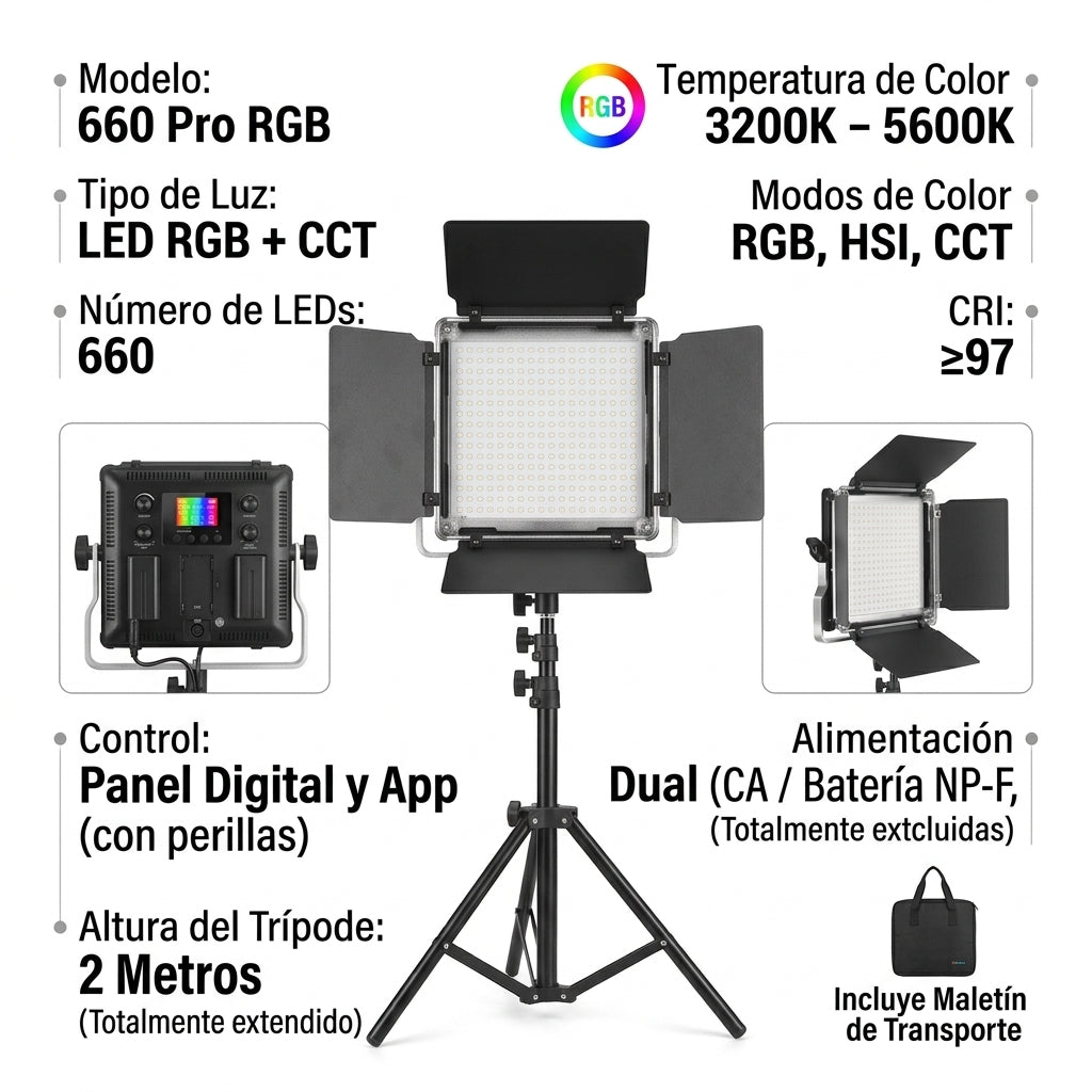 Luz de Estudio LED RGB 660 Pro + Trípode 2M | Iluminación Profesional