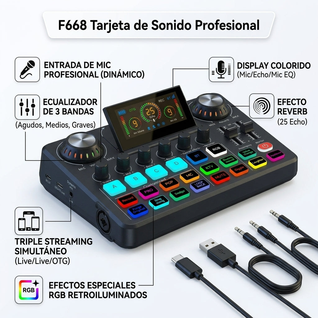 Tarjeta de Sonido Profesional F668 para Streaming, Podcast y Grabación