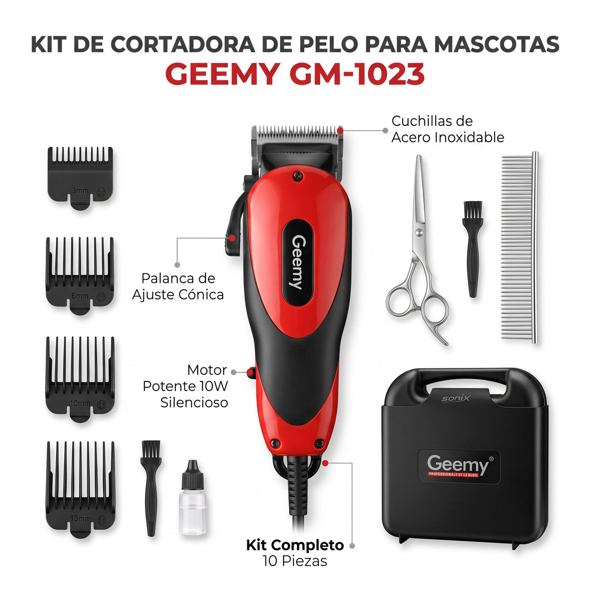 Máquina Peluquera Geemy GM-1023 Para Perros Y Gatos Con Kit De Accesorios