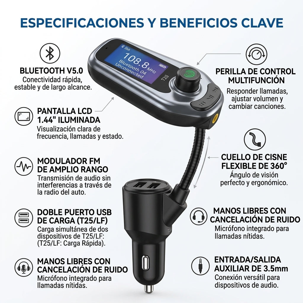 Adaptador Transmisor Bluetooth Modulador Doble Puerto Carro