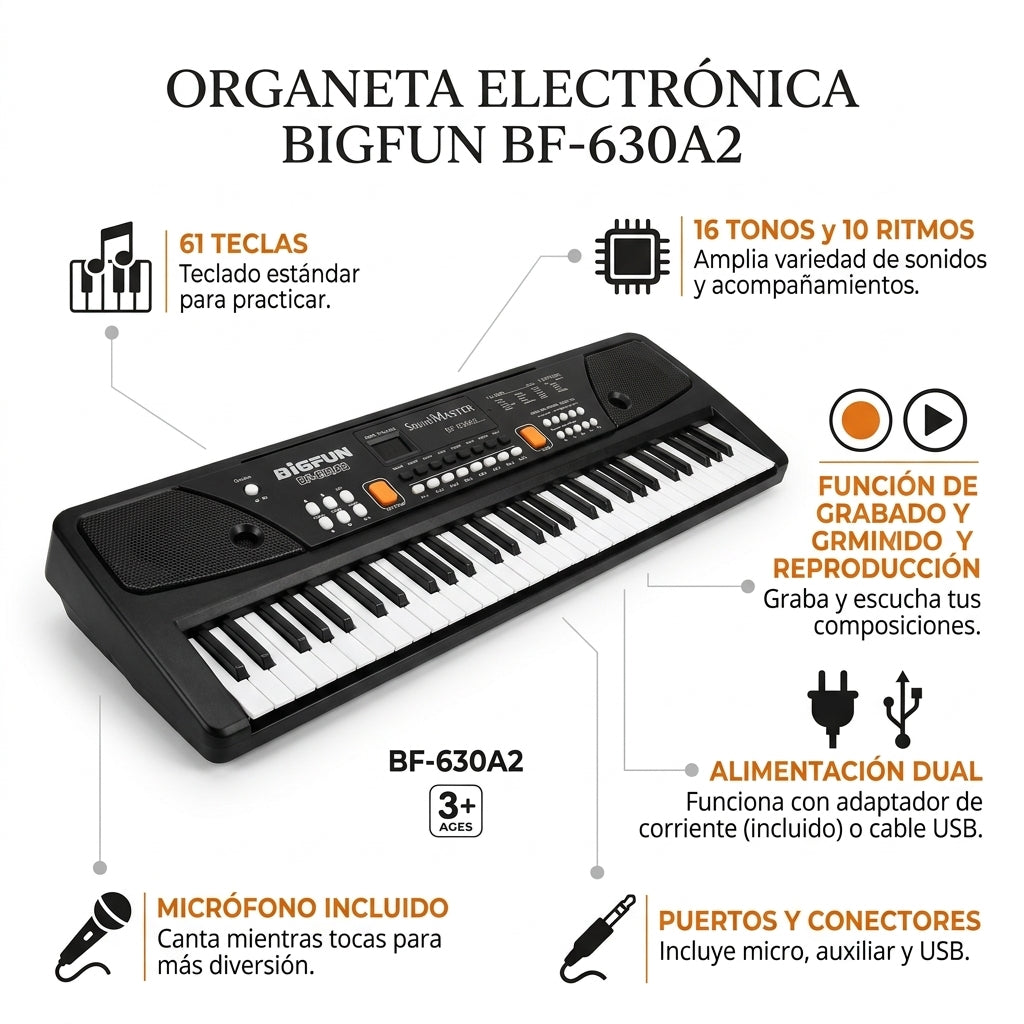Organeta Electrónica BF-630 de 61 Teclas con Micrófono