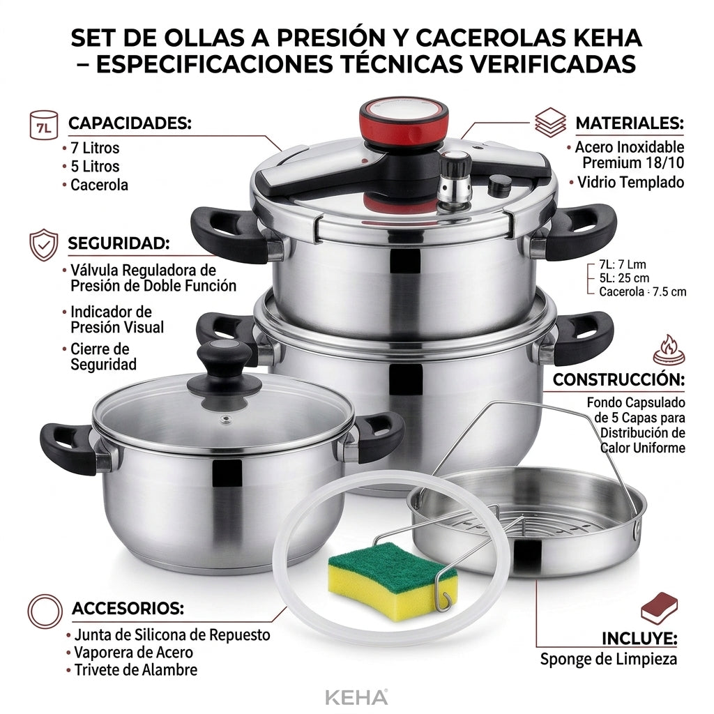 Set Olla A Presión Keha 5 Y 7 Litros Acero Inoxidable 8 Pzs