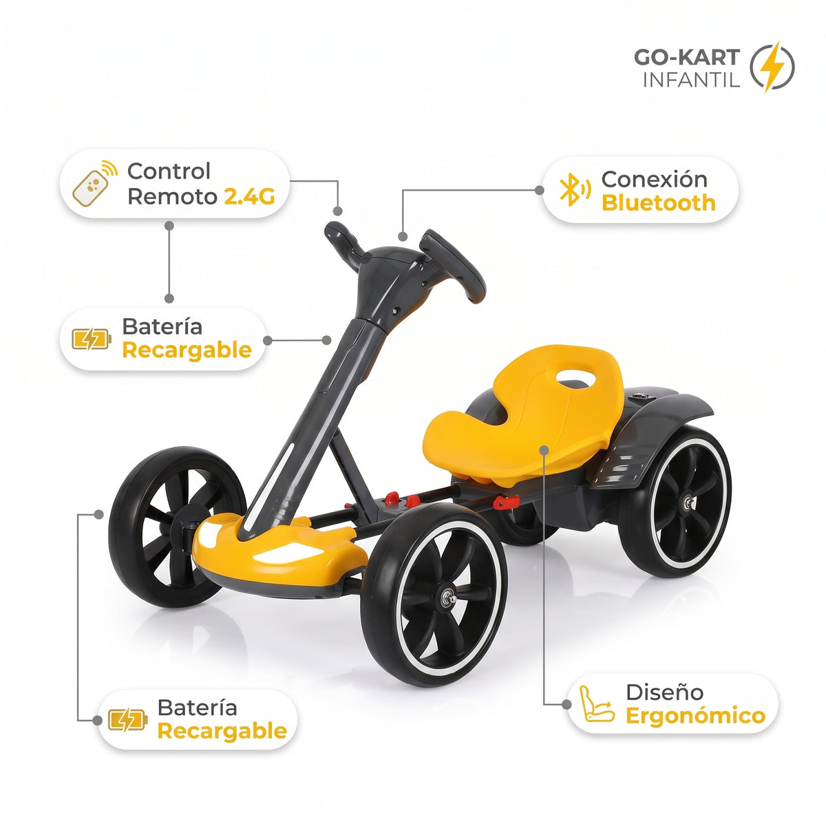 Go Kart Eléctrico Plegable Amarillo Para Niños Con Asiento Ajustable