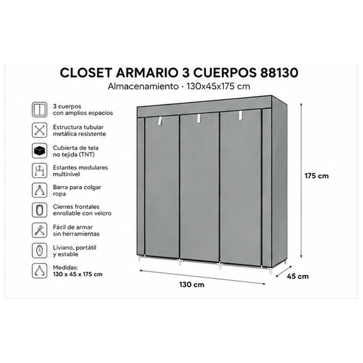 Closet Armario 3 Cuerpos 88130 – Almacenamiento 130x45x175 cm