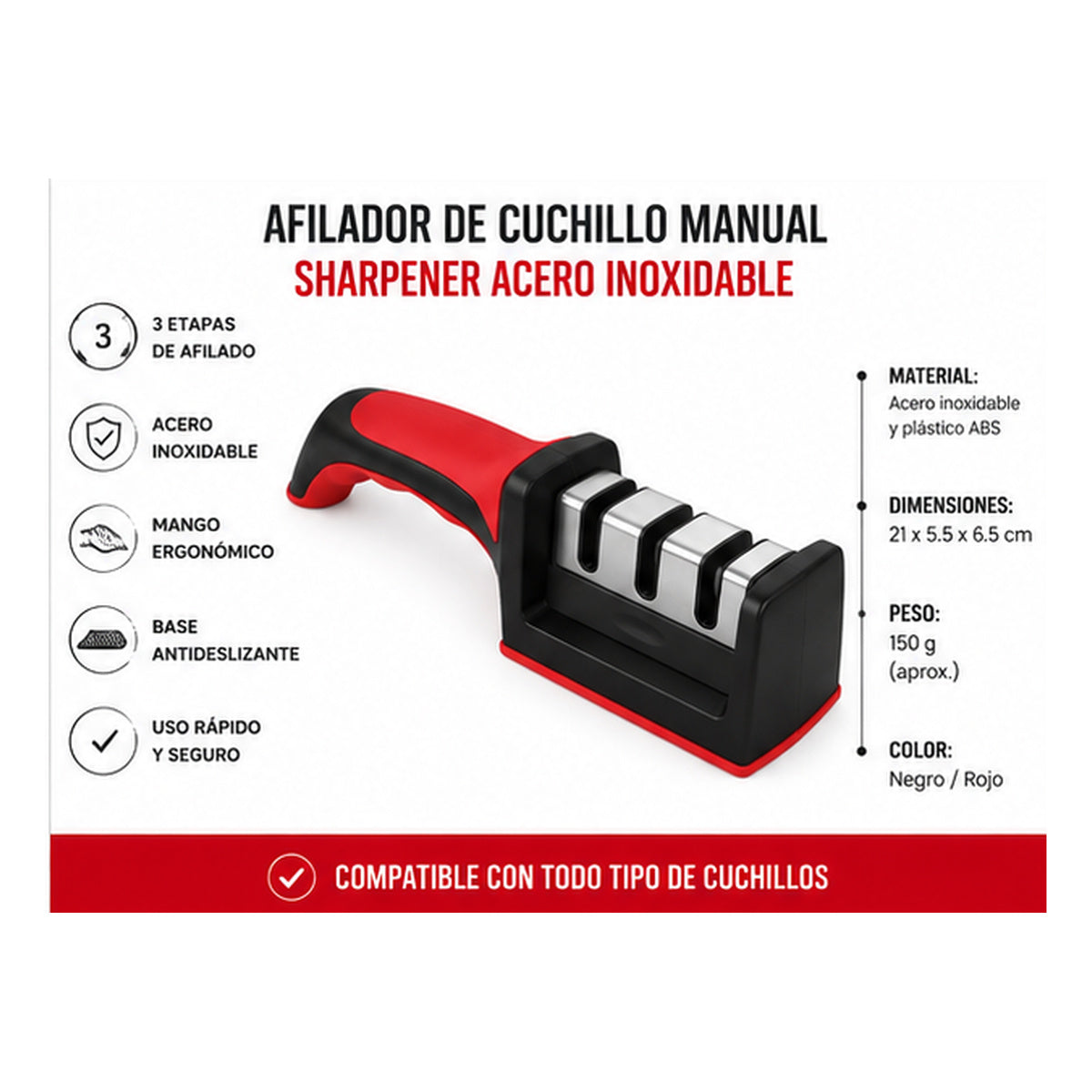 🔪 Afilador de Cuchillos Manual Sharpener 3 Etapas Acero Inoxidable