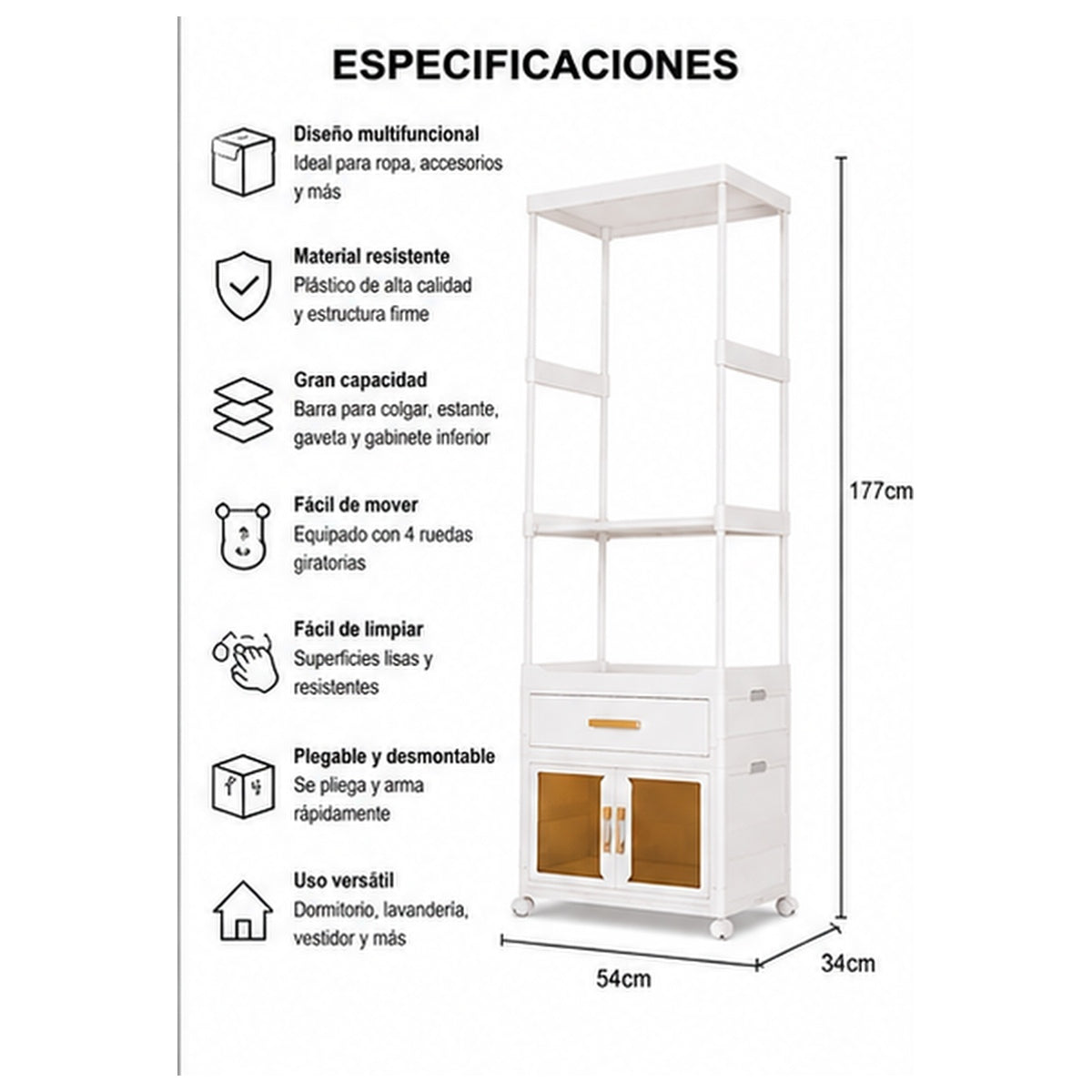 Organizador Armario Plegable Plástico Multifuncional 54x34x177 cm