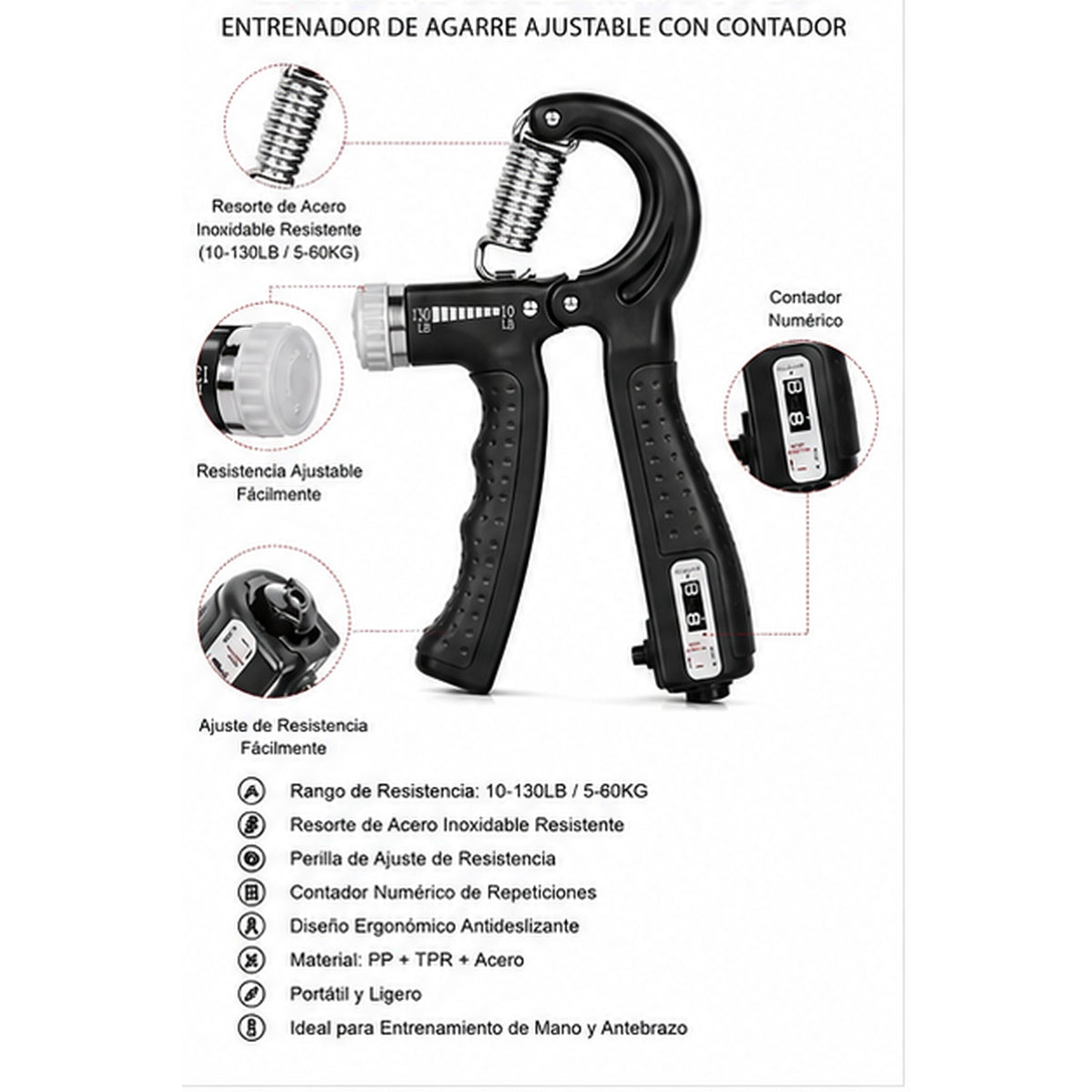 Ejercitador De Mano JT-36 – Entrenador De Agarre Ajustable Con Contador