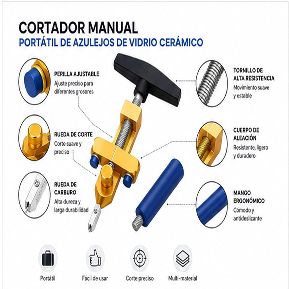 Cortador Manual Portátil de Azulejos, Vidrio y Cerámica – Herramienta de Corte Preciso