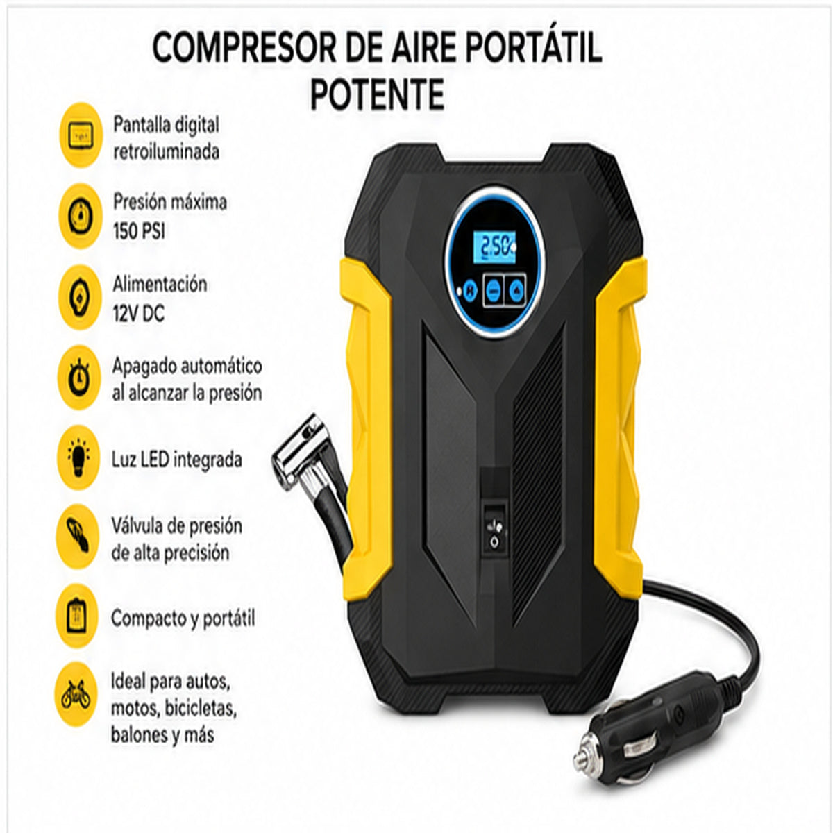 Compresor de Aire CARSUN Portátil Potente – Inflador de Llantas 12V Para Auto, Moto y Bicicleta