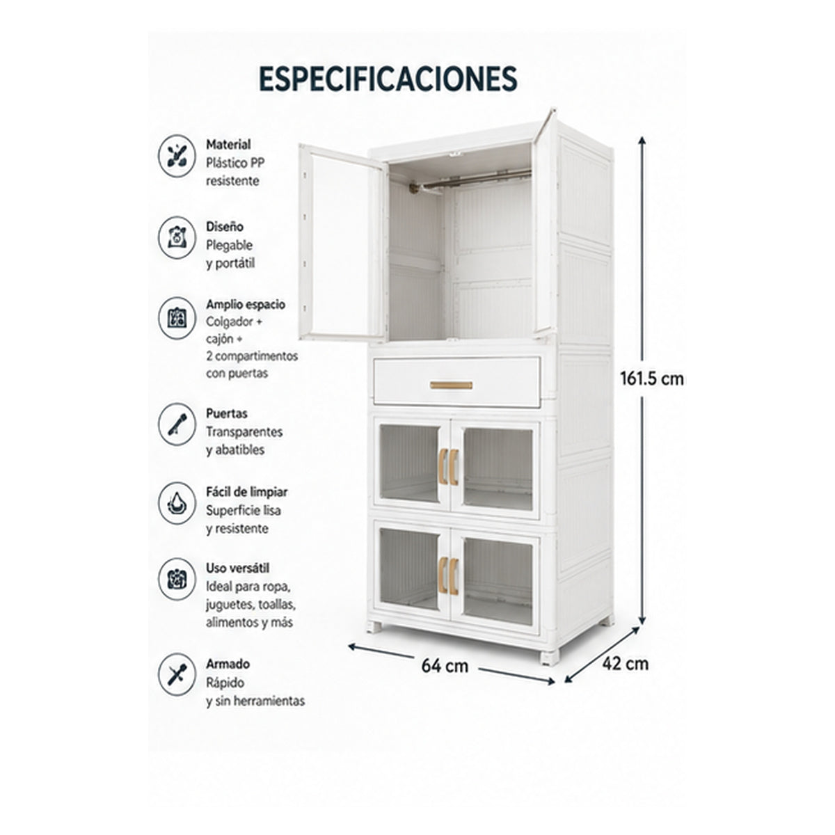 Armario Portátil Organizador Closet Plástico Plegable 64x42x161.5 cm