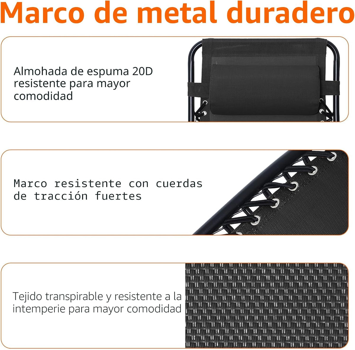 Sillón de gravedad cero para patio al aire libre con almohada, plegable reclinable y textileno ajustable, sillas de césped plegables para exteriores