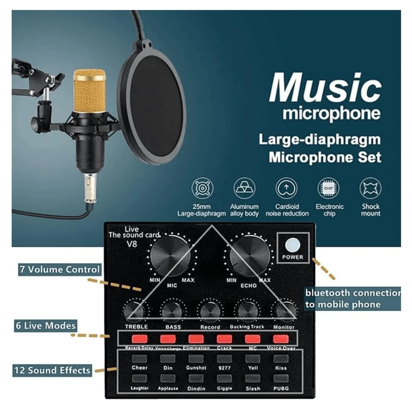 Kit Micrófono Condensador BM-800 con Tarjeta de Sonido V8 para Streaming y Podcast