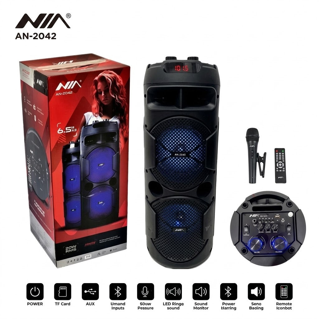 Parlante Inalámbrico Portátil NIA AN-2042 – Con Bluetooth, Luces LED, Micrófono y Control Remoto