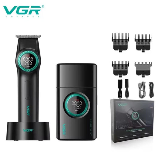 Combo Barbería Profesional VGR V-977 y V-377 – Patillera Trimmer BLDC + Afeitadora Shaver Titanium Recargable