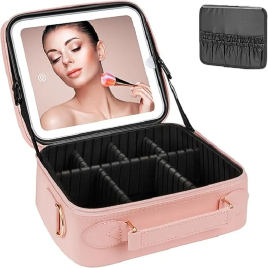 Estuche De Maquillaje Con Espejo Luz Led Cosmetiquera Rosa