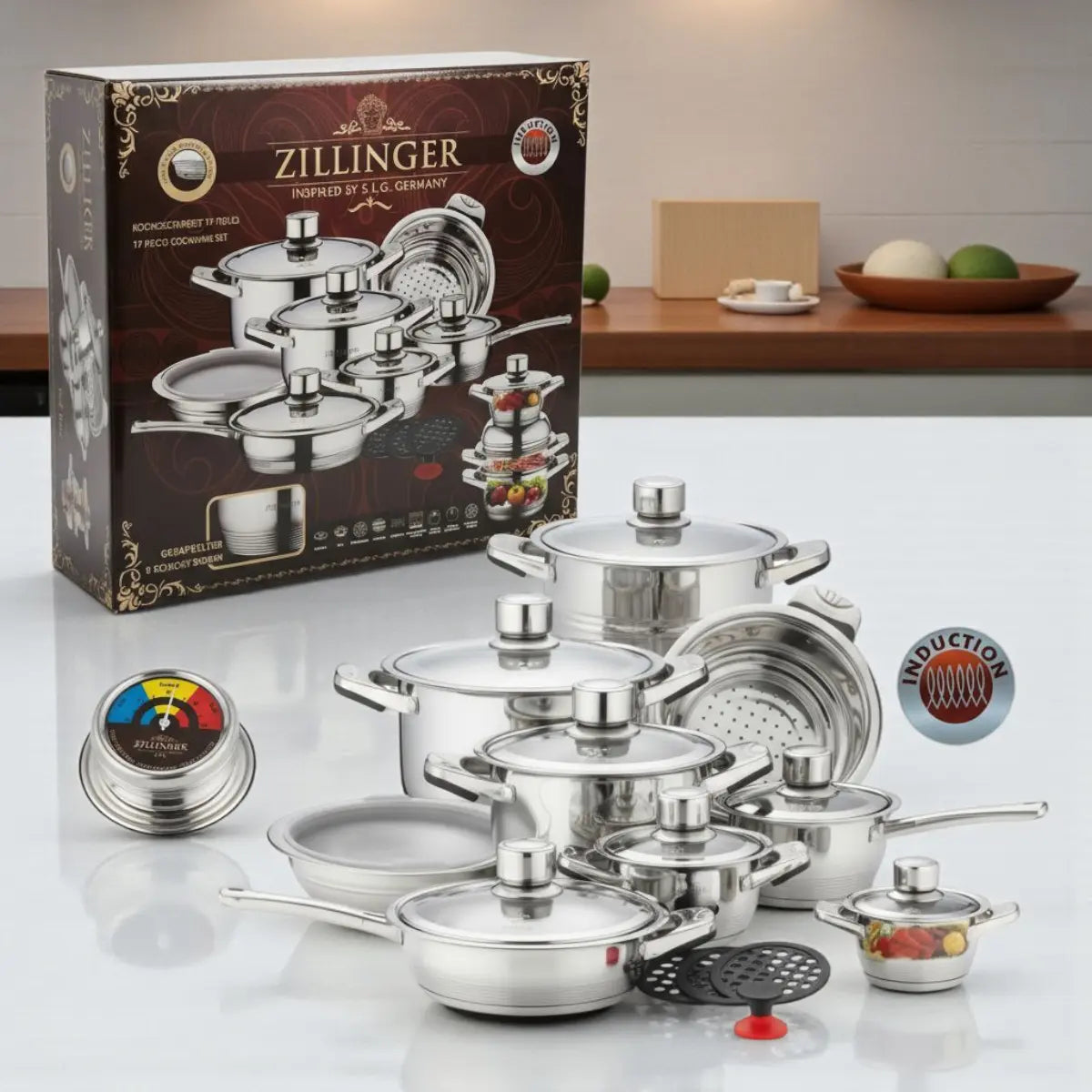 Juego de Ollas Zillinger 17 Piezas Acero Inoxidable Quirúrgico con Tapas de Control Térmico