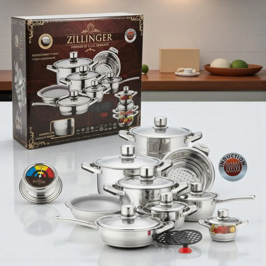 Juego de Ollas Zillinger 17 Piezas Acero Inoxidable Quirúrgico con Tapas de Control Térmico
