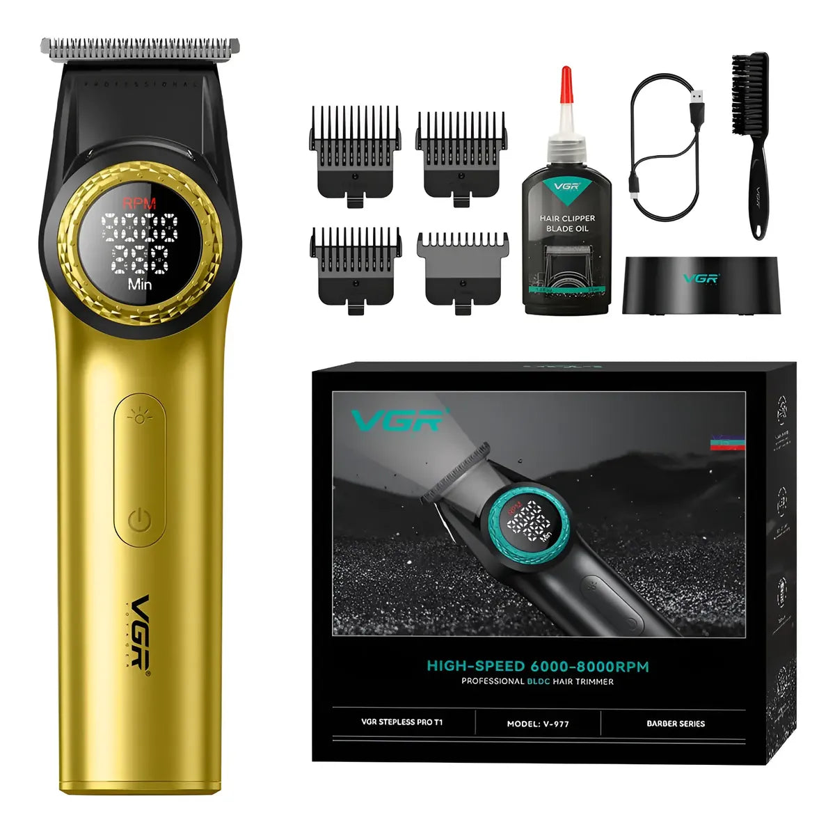 Máquina Patillera Profesional VGR V-977 – Trimmer Inalámbrica Motor BLDC, Cuchilla DLC, Pantalla LED