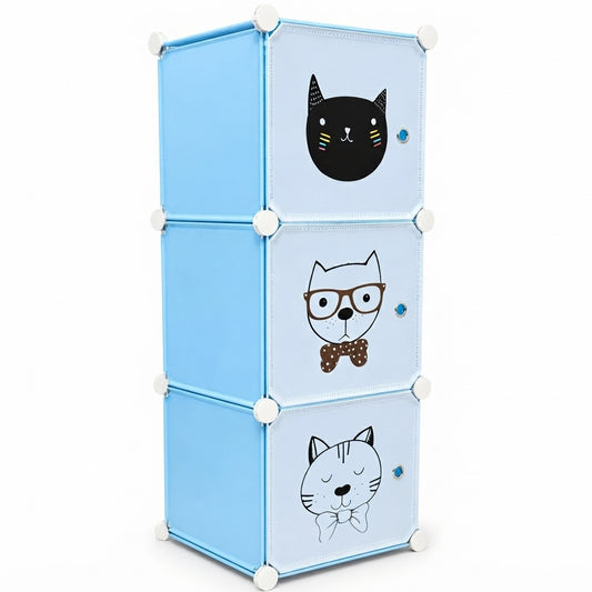 Armario Organizador Modular Infantil 3 Cubos Gatos Celeste