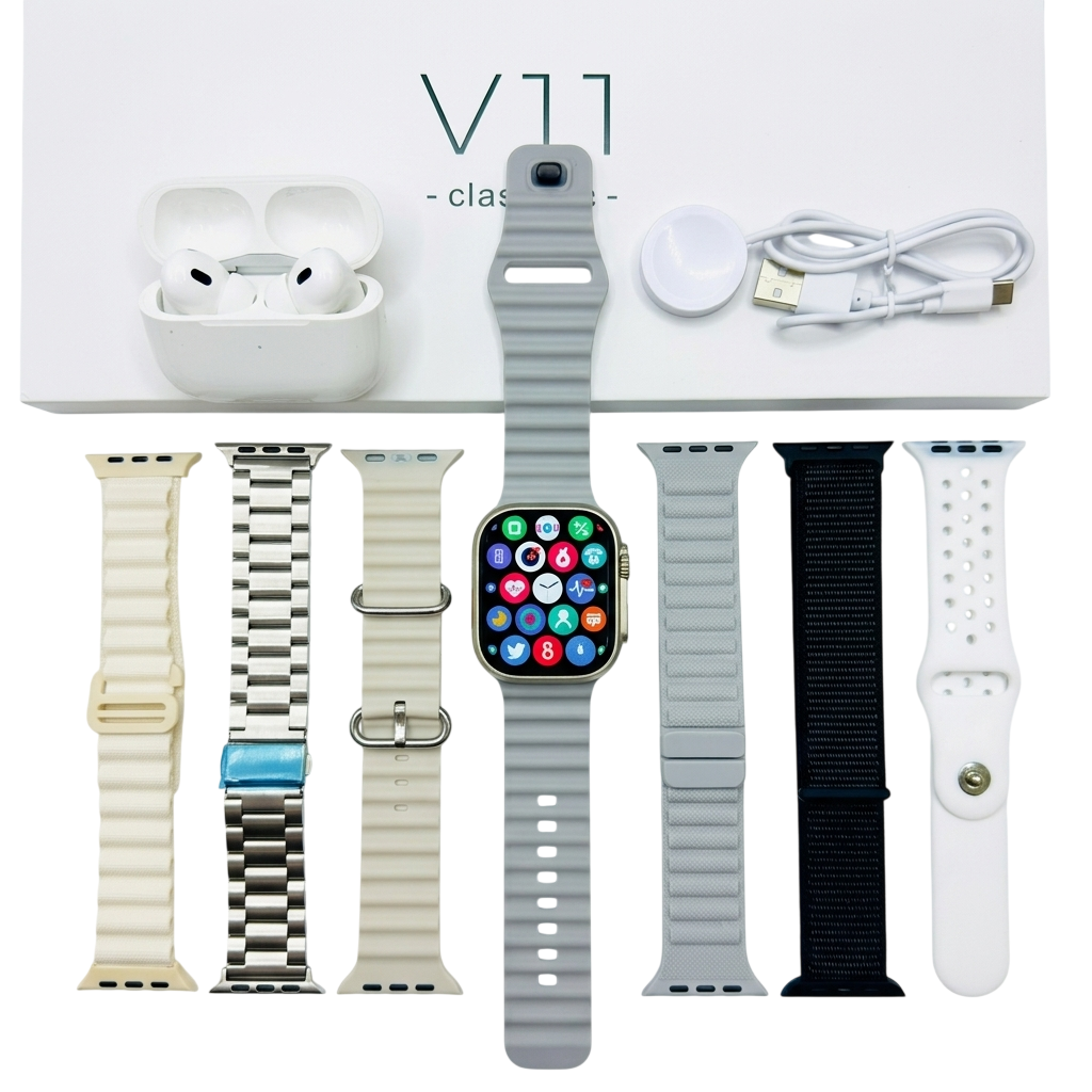 Suit 10 en 1 Smartwatch Series V11 + Audífonos Inalámbricos Pro + 6 Correas Intercambiables
