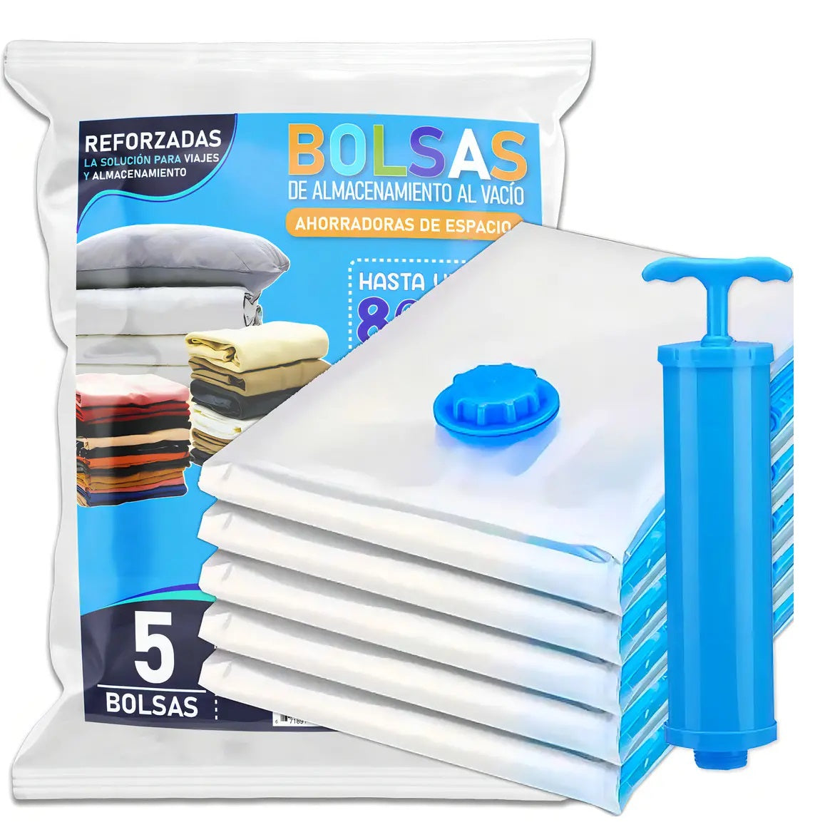 5 Bolsas De Empaque Al Vacío 70x50 + Bomba Ahorrador Espacio Lilito Hug Saver