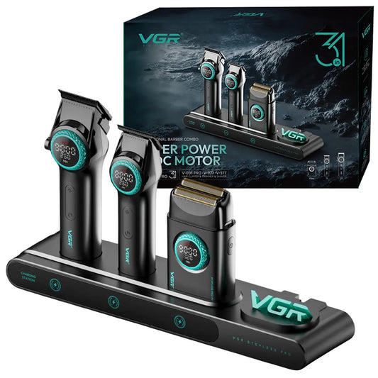Kit Máquina De Cortar Pelo Afeitadora Barbería Vgr 3 en 1 Negro