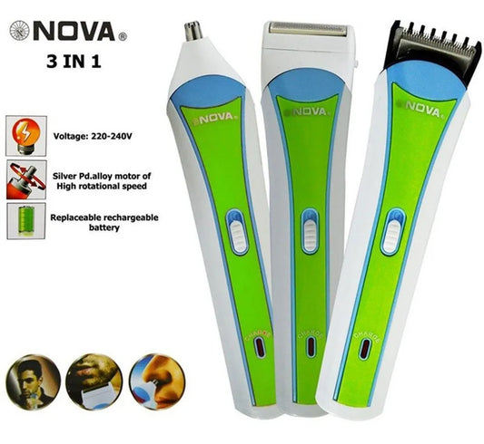Máquina Afeitadora Eléctrica Recargable 3 en 1 Nova NHC-2013 – Patillera, Barbera y Cortadora de Vello Nasal