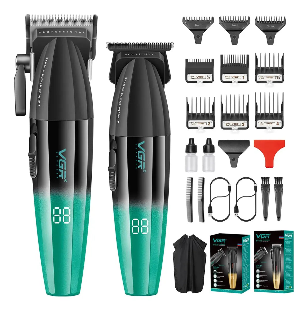 Kit Máquina Barbería Pro Clipper Trimmer Vgr V-640 S2 9000 Rpm Verde