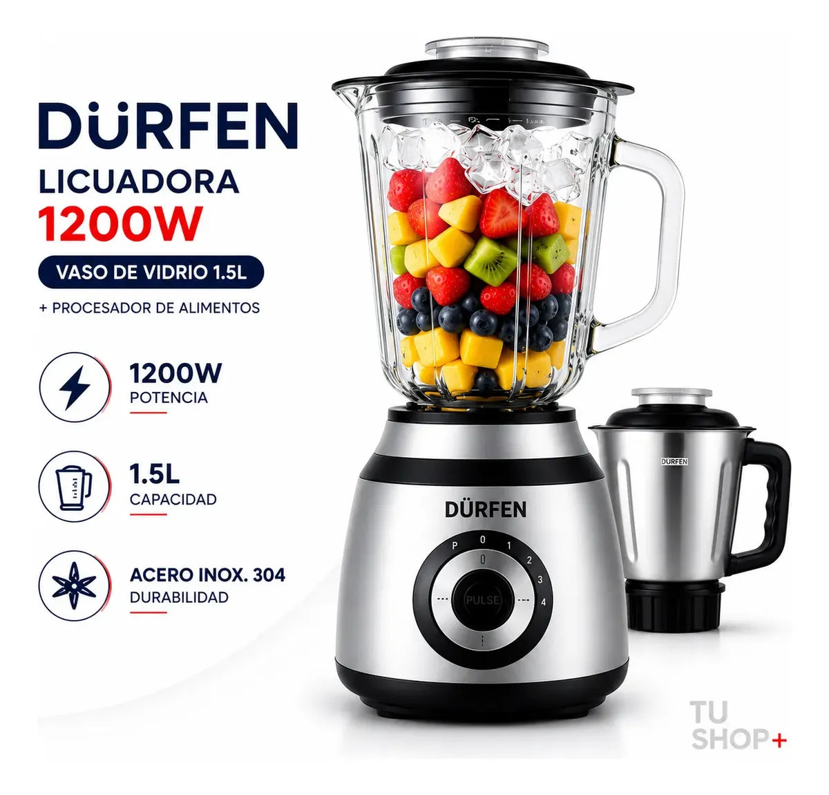 Licuadora 2 En 1 Dürfen 1200w Vaso Vidrio 1.5l Procesador