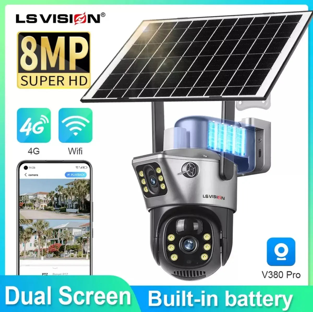 Camara De Seguridad Wifi Con Panel Solar Doble Lente Color Negro