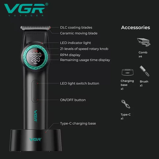 Combo Barbería Profesional VGR V-977 y V-377 – Patillera Trimmer BLDC + Afeitadora Shaver Titanium Recargable