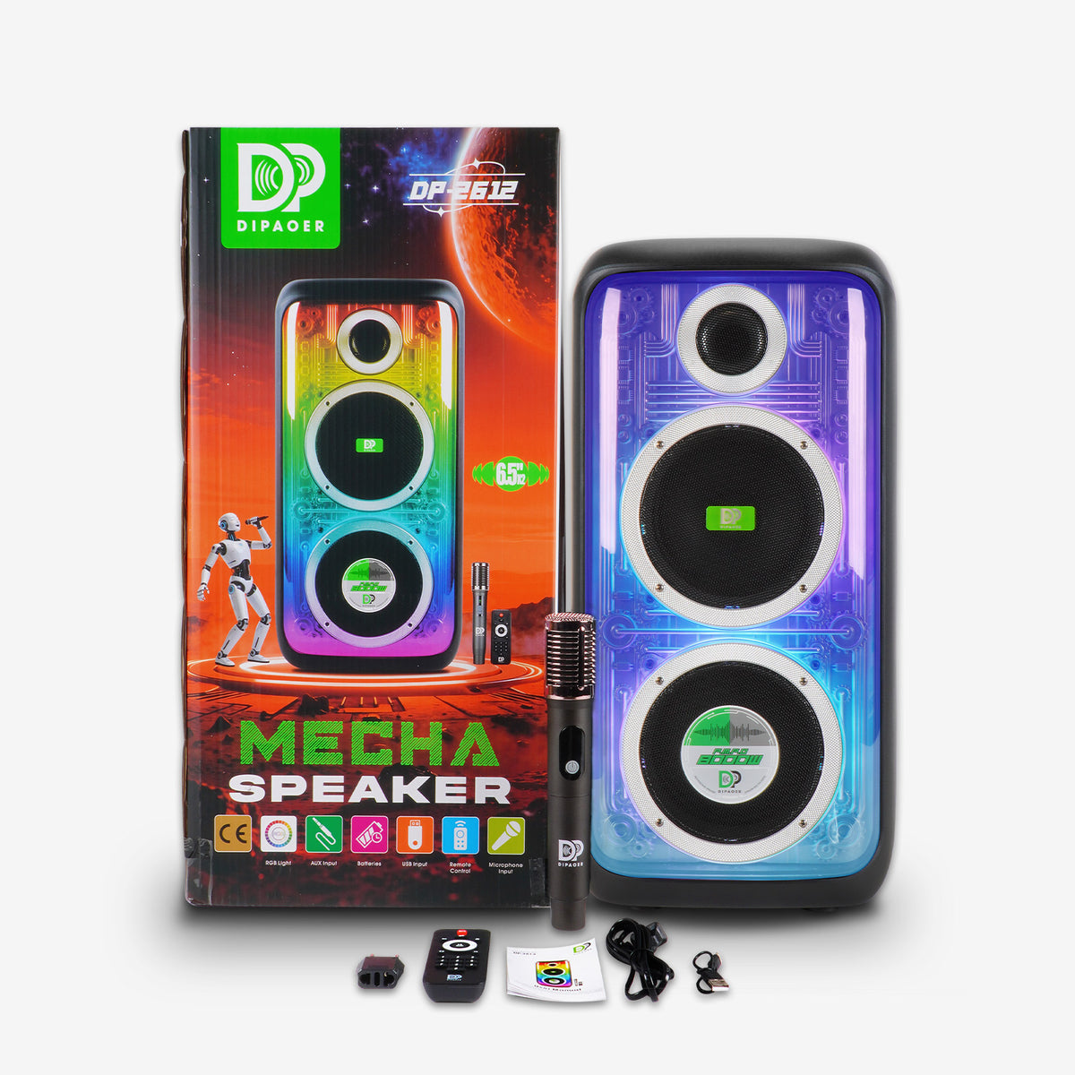 Cabina De Sonido Portátil DIPAOER Pulse DP-2612 Doble Woofer LED RGB