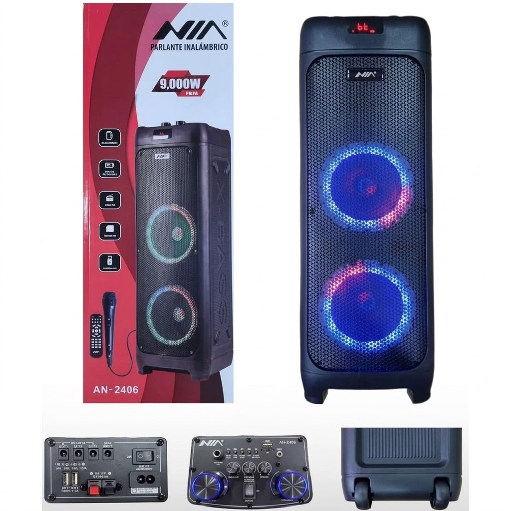 Cabina Torre de Sonido Portátil NIA 9000W – Bluetooth, Sistema TWS, Luces LED y Ruedas