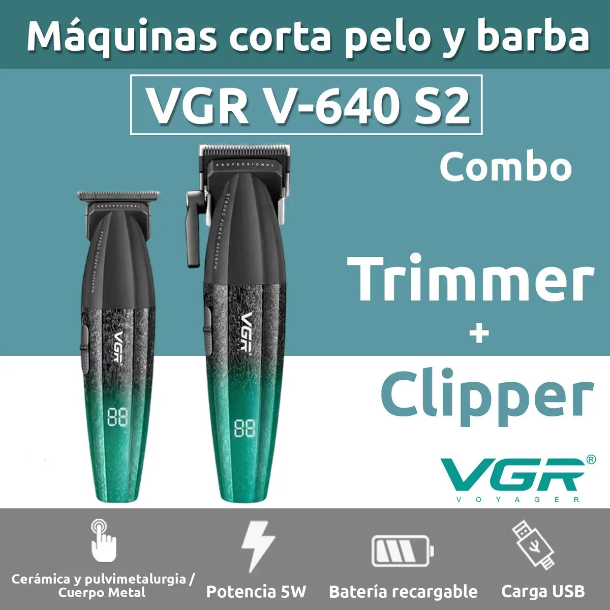 Kit Máquina Barbería Pro Clipper Trimmer Vgr V-640 S2 9000 Rpm Verde
