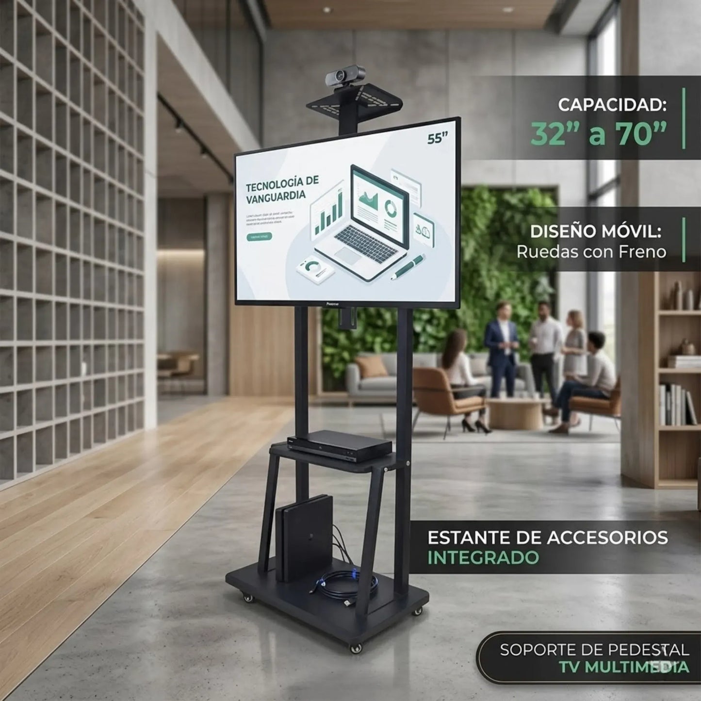 Soporte Base Pedestal Tv 32 70 Móvil Ruedas Ajustable 50k Color Negro