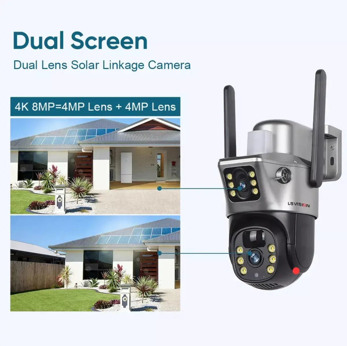 Camara De Seguridad Wifi Con Panel Solar Doble Lente Color Negro