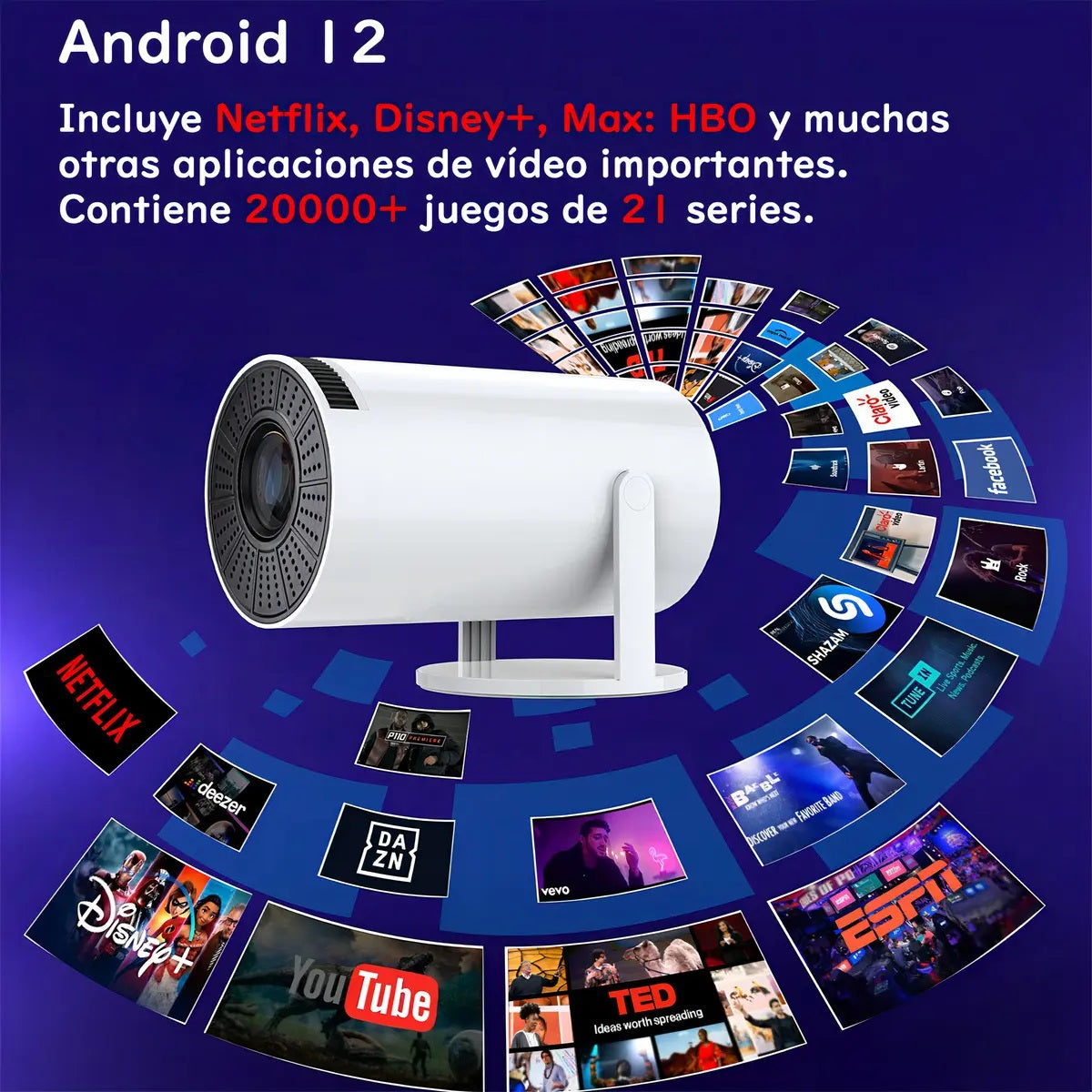 Proyector Inteligente HY-300 Plus Portátil 4K – Android 12 Full HD 1080p WiFi Bluetooth Incluye 2 Gamepads