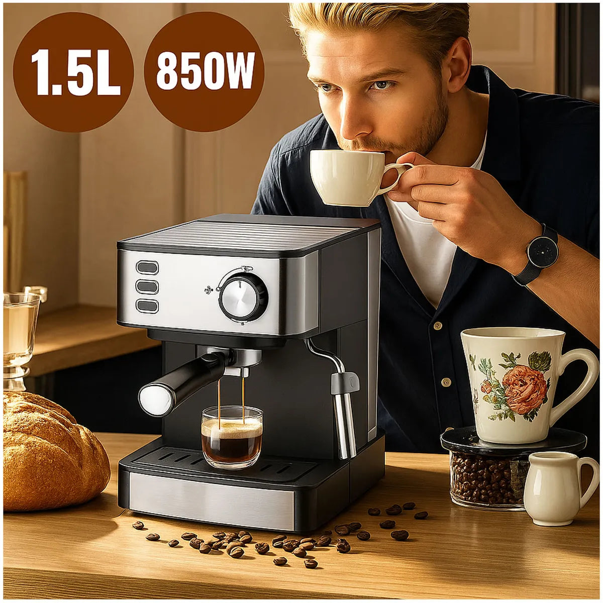 Cafetera Eléctrica Sokany para Café Espresso y Cappuccino – 15 Bares de Presión