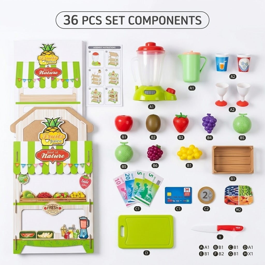 Set de Juego Mini Mercado de Frutas y Jugos Infantil (36 Piezas) – Incluye Licuadora y Accesorios