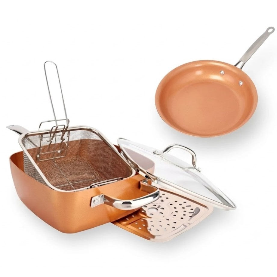 Set Copper Chef Pan Olla + Sarten 5 Piezas Migas Cobre