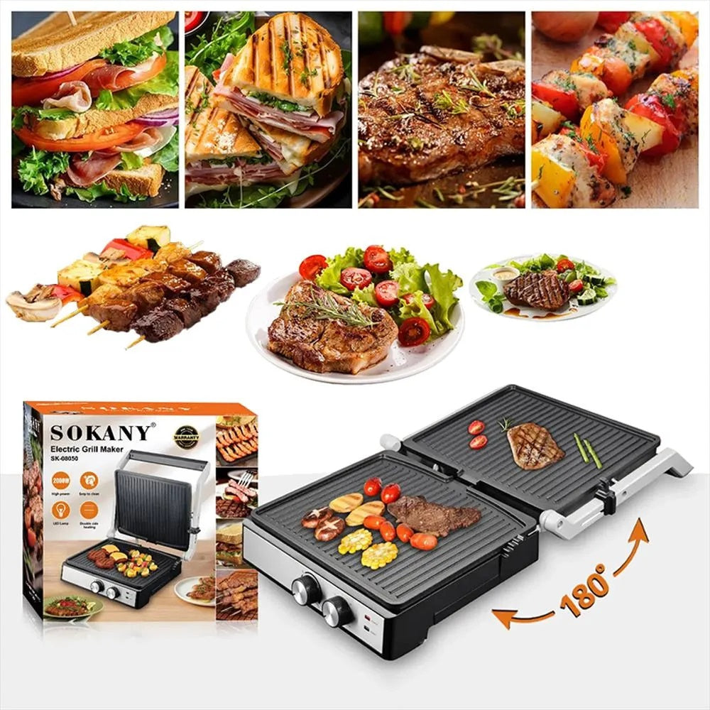 Tostadora Eléctrica Sokany Sk08050 Con Parrilla De Contacto, Apertura De 180 Grados