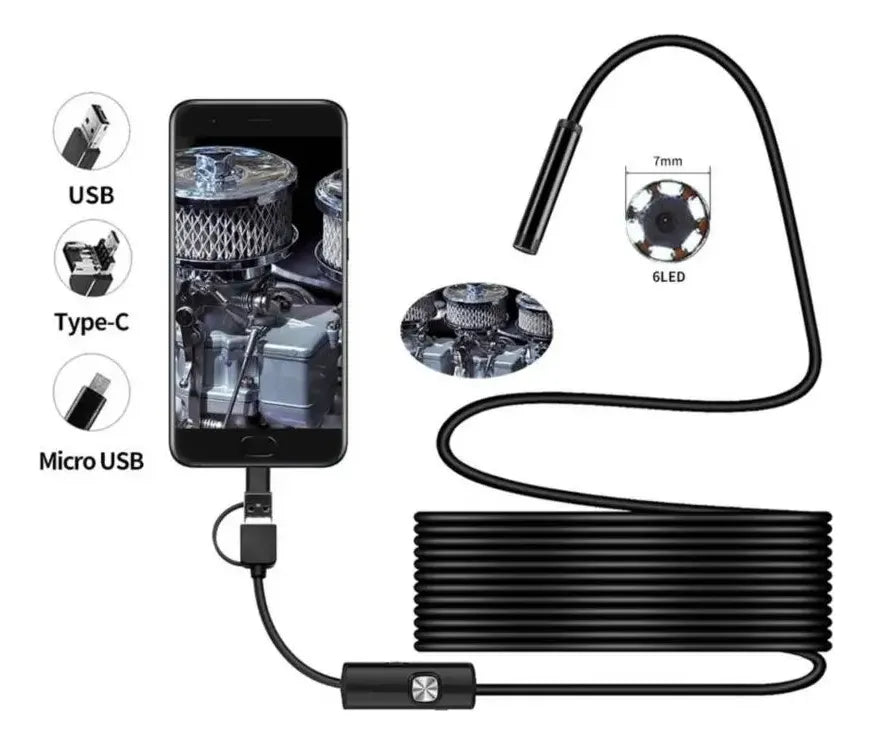 Cámara Endoscópica 5 Metros 3 en 1 – USB, Tipo-C y Micro USB (V8) Para Celular y PC