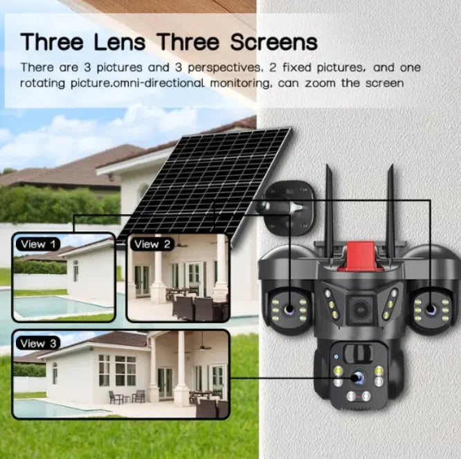 Cámara de Seguridad Solar Wi-Fi Triple Lente QL21 con Panel Solar
