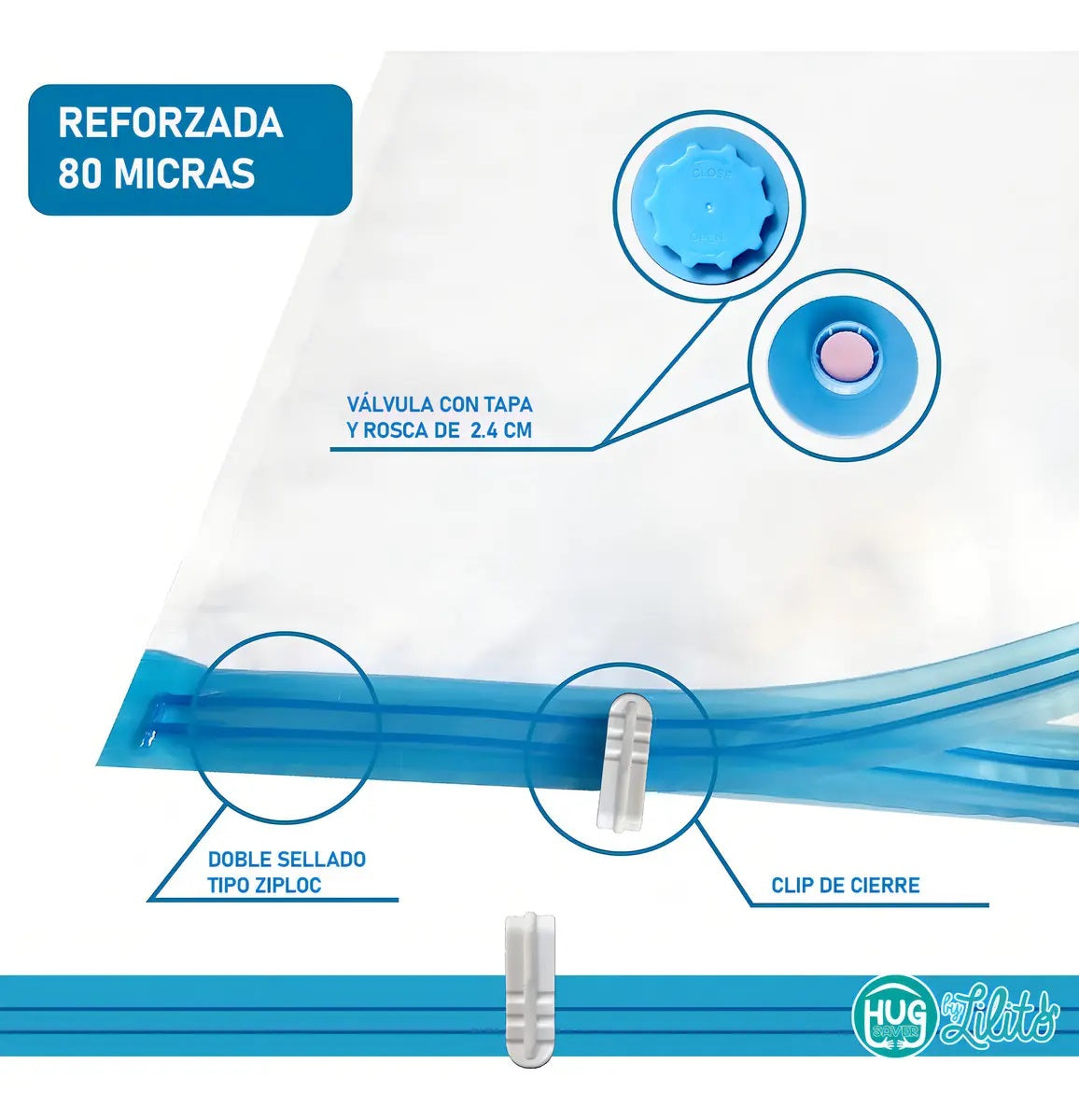 5 Bolsas De Empaque Al Vacío 70x50 + Bomba Ahorrador Espacio Lilito Hug Saver