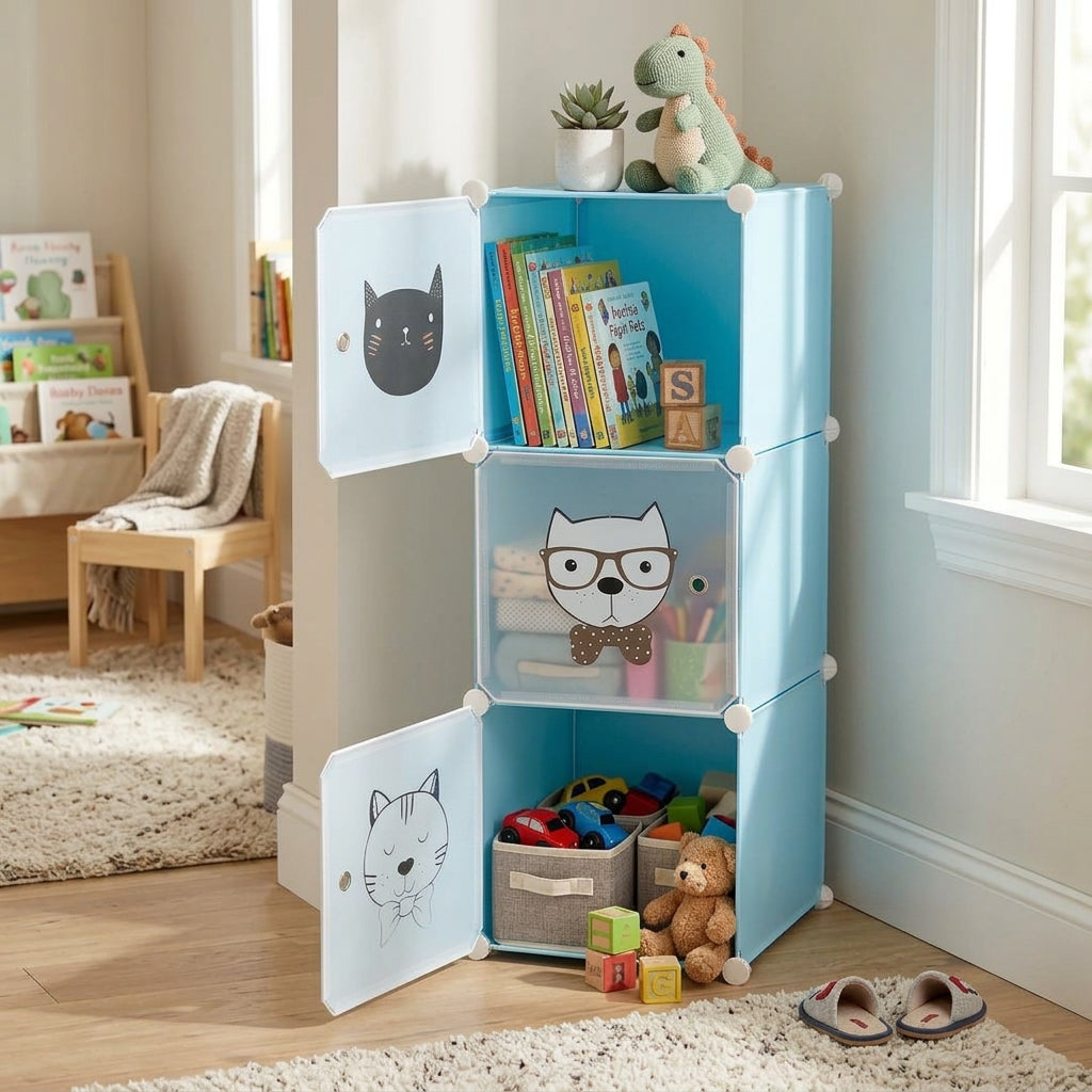 Armario Organizador Modular Infantil 3 Cubos Gatos Celeste